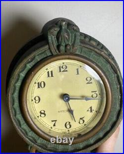 Antique Vtg Arts & Crafts ARTCRAFT Wall Clock Flowers Eagle Green Deco WORKS