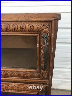 Antique Wooden Apothecary Cabinet With Sliding Glass Drawers Ornate Carved