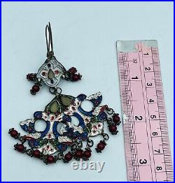 Antique vintage Old Silver enameled Silver Earring with stone inlay