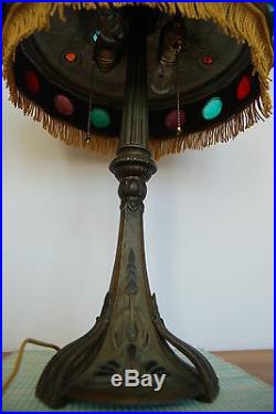 Art Nouveau Deco Antique Old Jeweled Glass Arts And Crafts Vintage Table Lamp