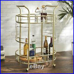 Bar Drink Serving Cart Rolling Glass Shelves 3 Bottle Rings Elegant Gold NEW