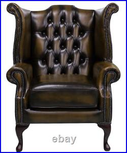 Brand New Chesterfield Queen Anne High Back Wing Chair In Antique Real Leather