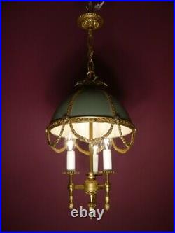 Brass French Empire Chandelier Ceiling Lamp Green Old Parachute 3 Light