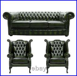 Chesterfield 3 Seater+Wing+Wing Chairs Antique Green Leather Sofa Settee Suite