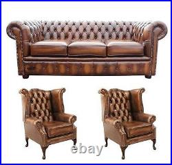 Chesterfield 3 Seater + Wing + Wing Chairs Antique Tan Leather Sofa Settee Suite