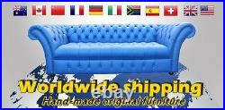 Chesterfield 4 Seater Antique Blue Leather Sofa Settee 3 Cushion Style