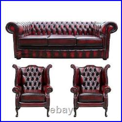 Chesterfield London 3 Seater/Wing/Wing Antique Oxblood Leather Sofa Settee Suite