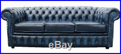 Chesterfield Original English 3 Seater Antique Blue Leather Sofa Settee