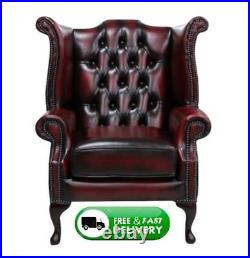 Chesterfield Queen Anne Wingback Armchair Chair Antique Oxblood Red Leather