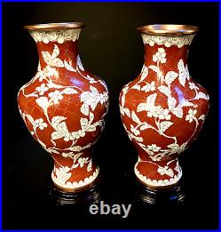 Chinese Republic Period 9 Copper Wire Cloisonné Vases with Antique Wood Stands