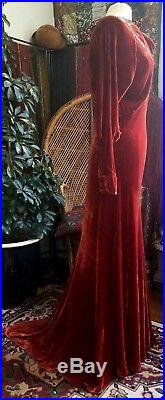 Dramatic Blood Orange Art Deco 1930's Silk Velvet Dress Gown Drape Excellent