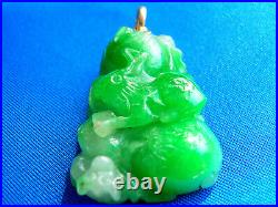 EXOTIC Antique imperial Green to white Jade Charm Victorian Deco Pendant 18k