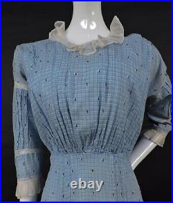 Edwardian Blue Cotton Long Day Dress W Lace And Net Trims