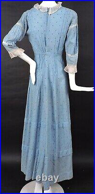 Edwardian Blue Cotton Long Day Dress W Lace And Net Trims