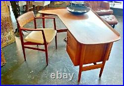 Erik Worts Vtg Mid Century Danish Modern Teak Wood Cane Lounge Desk Dining Chair