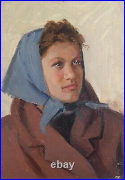 Female Portrait Original Antique Soviet Ukrainian Oil Painting by Dovgalevskaya