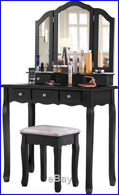Foldable Mirror 5 Drawer Vanity Set Makeup Dressing Table Stool Set With 8 Hooks
