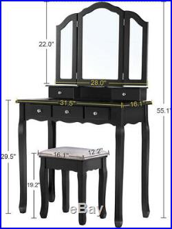 Foldable Mirror 5 Drawer Vanity Set Makeup Dressing Table Stool Set With 8 Hooks