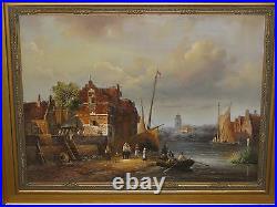 Framed Signed Vintage Antique Original Painting Colonial Village Harbor Scene