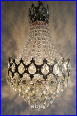 French Basket Style Vintage Brass & Crystals Chandelier Antique Lamp