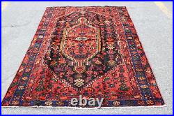 Geometric Floral Vintage Turkish 4' 5 x 6' 9 Red Hand Knotted Area Rug