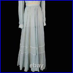 Gunne Sax Vintage 1970s Prairie Blue Dress Lace Up