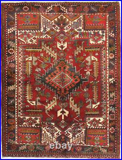 Hand Knotted Tribal Heriz Red Blue Wool Vintage Oriental Area Rug 4'9 x 6'3