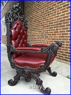 Italian Goth Griffin Highly Detailed Pierced Carved Leather Throne Chair 56 H