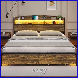 King Size Bed Frame with Storage &LED Light Headboard, Modern Metal Platform Bed