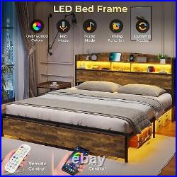 King Size Bed Frame with Storage &LED Light Headboard, Modern Metal Platform Bed
