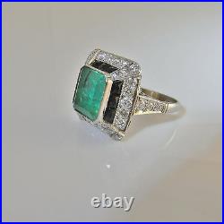 LARGE Art Deco Emerald Diamond Platinum Engagement Ring Wedding OMC OEC Filigree