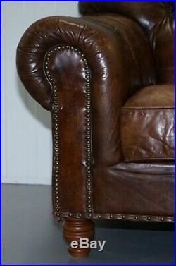 Large Vintage Aged Heritage Brown Leather Chesterfield Armchair Comfortable Halo