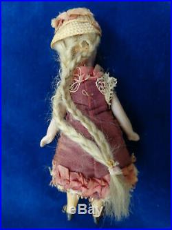 Lovely antique French Mignonette dollhouse doll closed mouth original silk dress