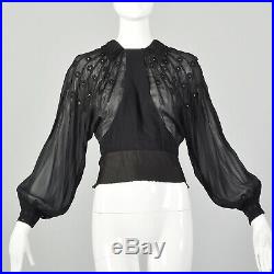 M 1930s Black Top Sheer Long Bishop Sleeve Blouse Floral Applique Shirt 30s VTG
