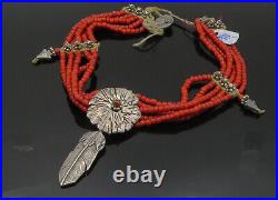 MARY DOUG HANOCK 925 Silver Vintage Antique Coral Chain Necklace NE3400