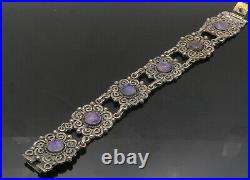 MEXICO 925 Silver Vintage Antique Amethyst Floral Chain Bracelet BT8056