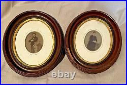 Matched Pair Portraits Half Plate, tinted AMBROTYPES in Antique Wood Oval Frames