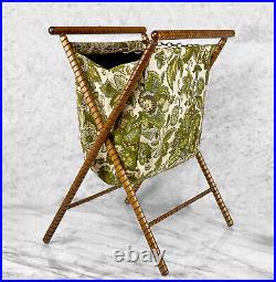 Mid-Century Boho Folding Sewing Stand Hamper with Green Foliage