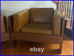 Mid Century Modern Wood Lounge Cube Chairs Faux Leather Vintage 70s