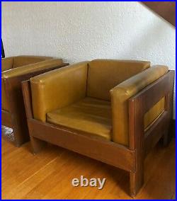 Mid Century Modern Wood Lounge Cube Chairs Faux Leather Vintage 70s