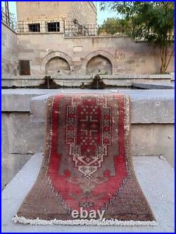 Mini Vintage Turkish Rug 3'1 X 1'2' Turkish Oushak Doormat Red Turkish Rug