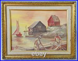 Modernism Original Vintage Painting Net Fisherman Commercial Fishing Town Port
