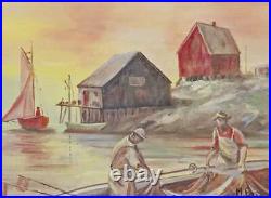 Modernism Original Vintage Painting Net Fisherman Commercial Fishing Town Port