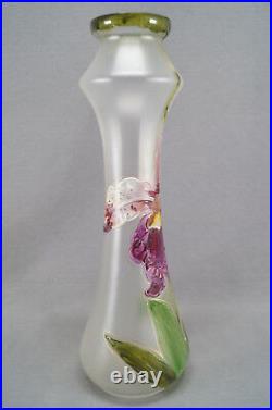 Mont Joye / Legras Art Nouveau Satin Enameled Hand Painted Iris Lily Glass Vase