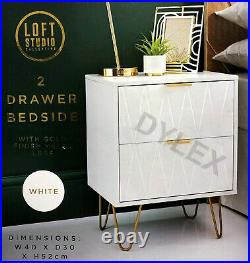 NEW Bedside Tables With 2 Drawer Gold Legs Side Table Bedroom Furniture White