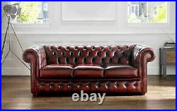 New Chesterfield 3 Seater Sofa Settee Couch Antique Oxblood Red Real Leather