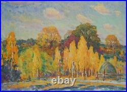 Original Antique Autumn Landscape Oil Painting Vintage Soviet Ukrainian Art 60s