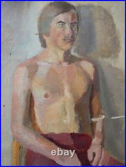 Original Antique Oil Painting on canvas Male Portrait Man Vintage Soviet Art 60s