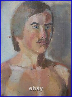 Original Antique Oil Painting on canvas Male Portrait Man Vintage Soviet Art 60s