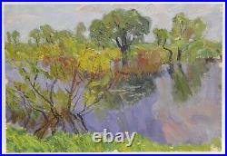 Original Antique Soviet Ukrainian Oil Painting Vintage River Landscape Signed